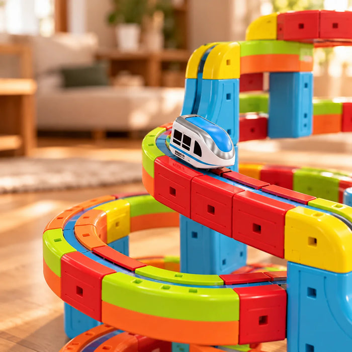 Tren eléctrico subiendo por una pista magnética en espiral