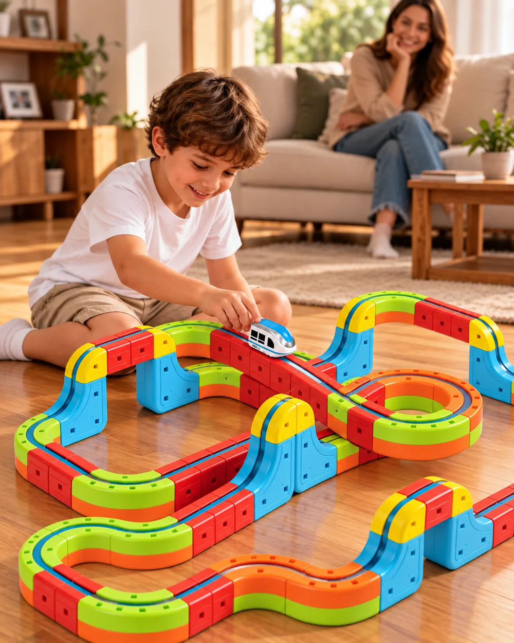 Niño armando una pista de tren magnético en la sala mientras su mamá lo mira sonriendo