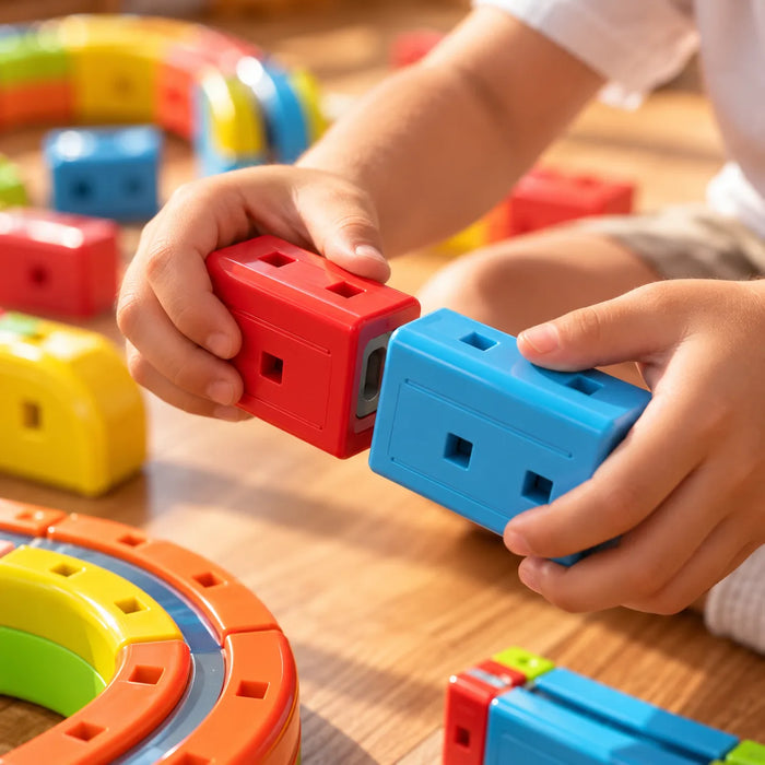 Manos de niño uniendo dos cubos magnéticos de la pista