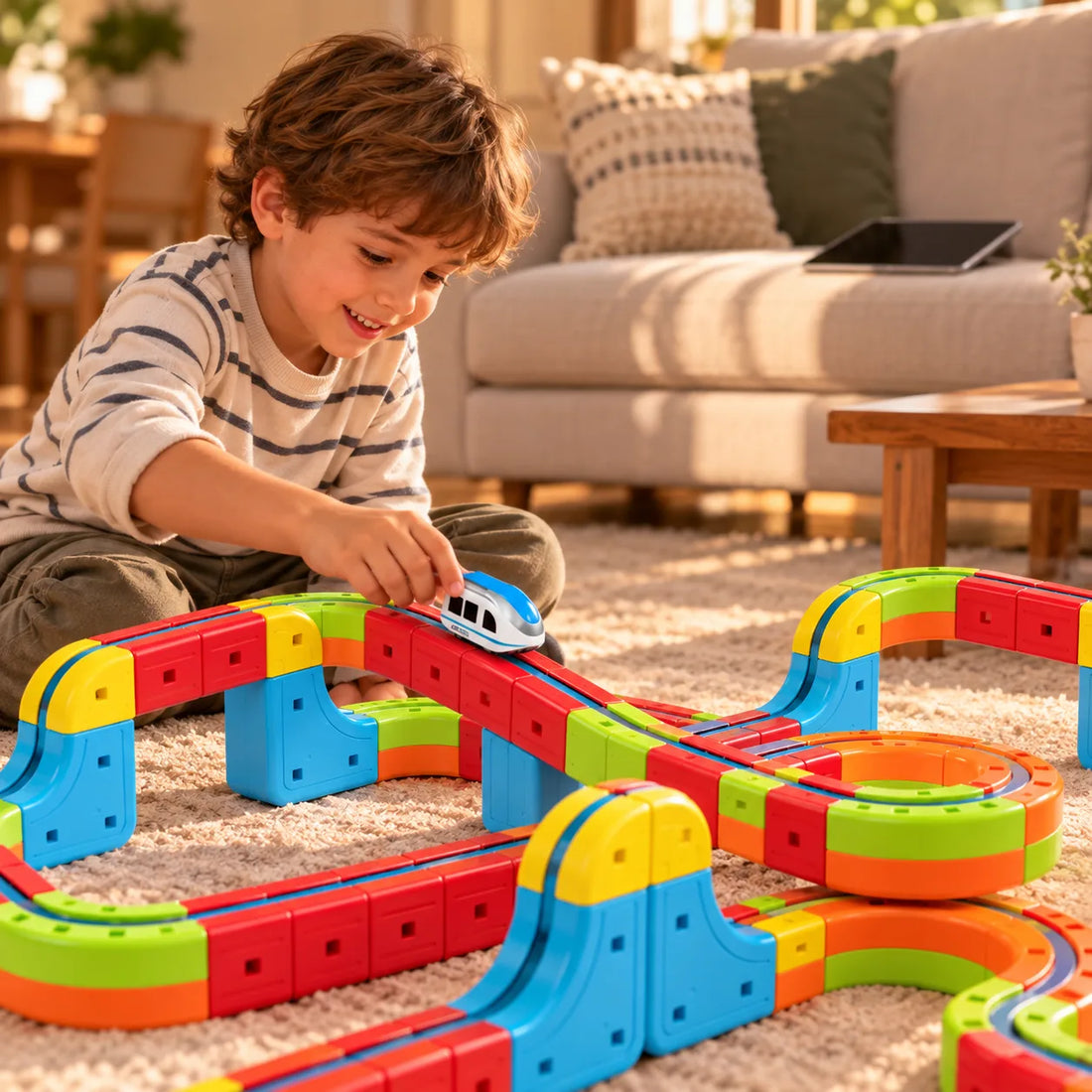 Niño jugando con la pista magnética mientras la tablet está apagada en el sillón