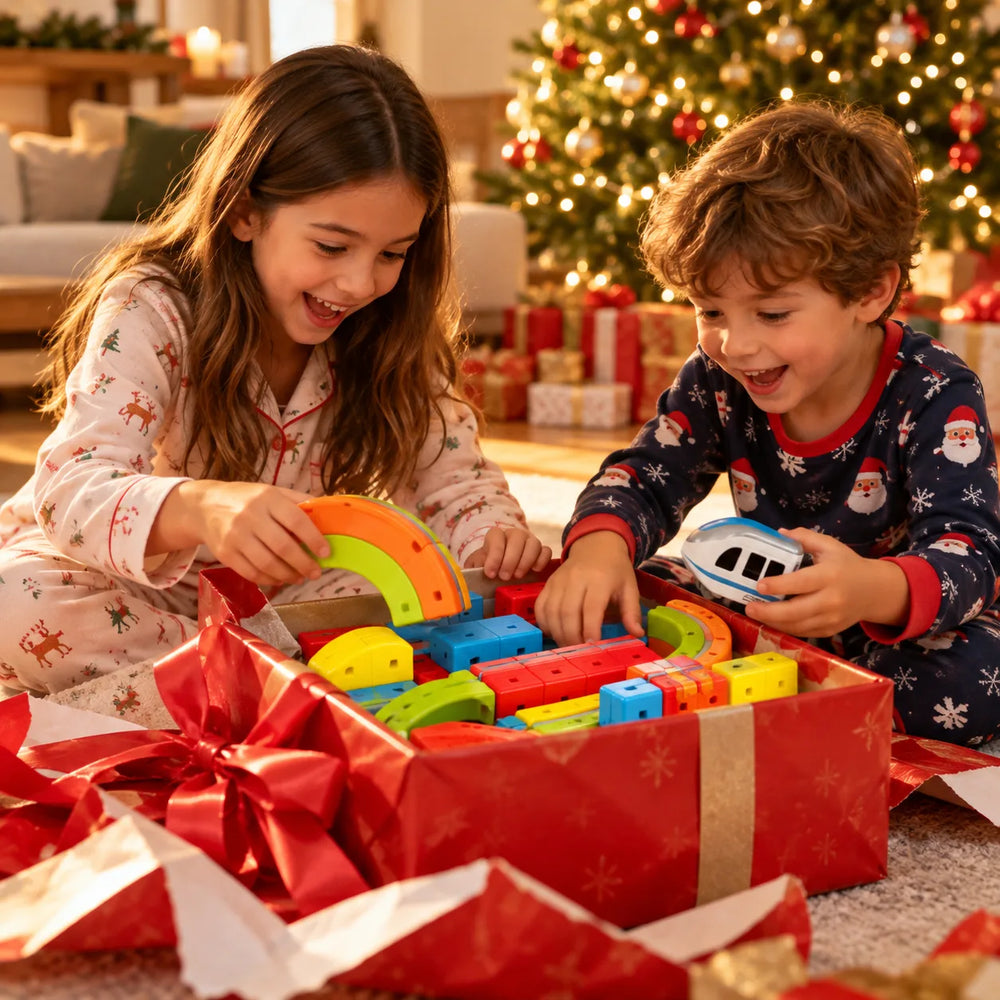 Hermanos abriendo el tren magnético como regalo de Navidad