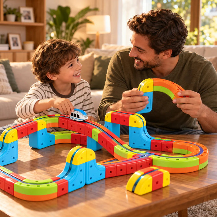 Papá e hijo armando juntos la pista magnética en la mesa de la sala